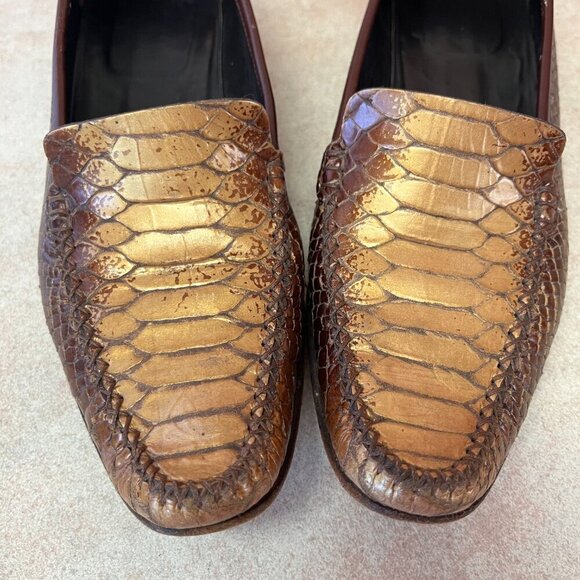 Escada Dark Brown & Bronze/Gold Faux Snake Print Loafers Moccasins Flats - Picture 5 of 16